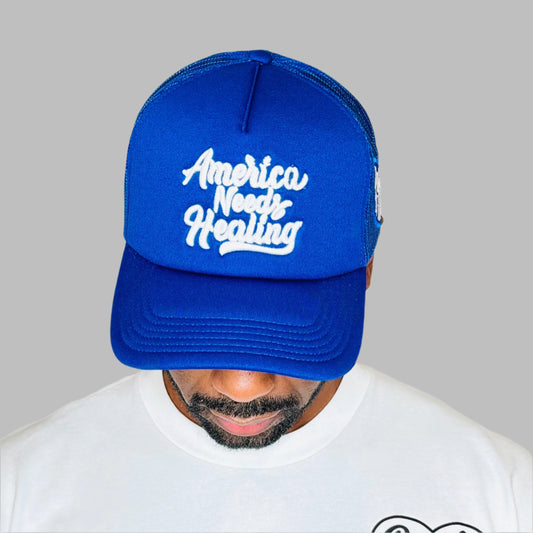 America Needs Healing Trucker Hat Liberty Blue